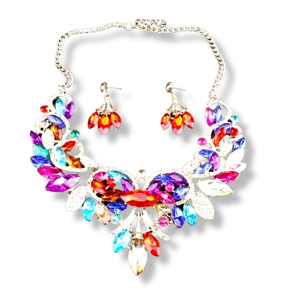 18K gold plated multi color rainbow crystal Necklace earrings set - Picture 2 of 16